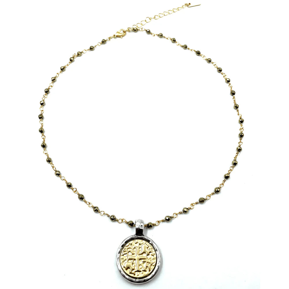 Matte Gold Coin On Pyrite Chain