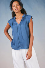 Pleated Sleeveless Blouse with Ruffled Split Neck