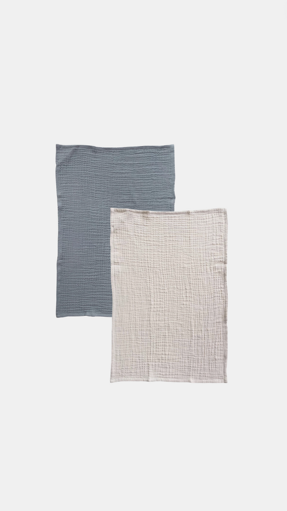 Set of 2 Cotton Neutral Tea Towels - Grey Blue