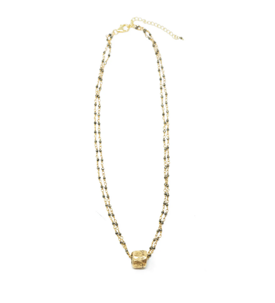 Pyrite Double Chain Barrel Necklace