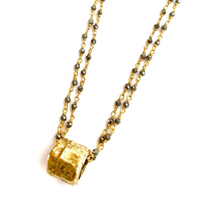 Pyrite Double Chain Barrel Necklace