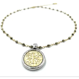 Matte Gold Coin On Pyrite Chain