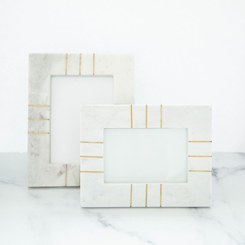 White Marble Frame with Brass Inlay 4"x6"