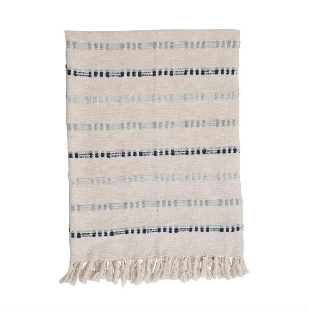 
            
                Load image into Gallery viewer, Cotton Embroidered Cream + Blue Throw
            
        