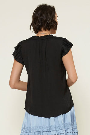 Pleated Sleeveless Blouse with Ruffled Split Neck