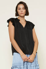 Pleated Sleeveless Blouse with Ruffled Split Neck