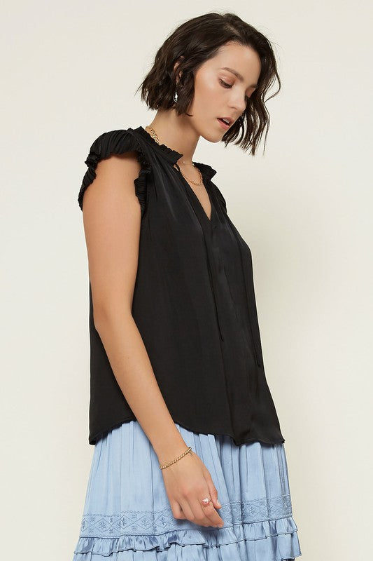 Pleated Sleeveless Blouse with Ruffled Split Neck