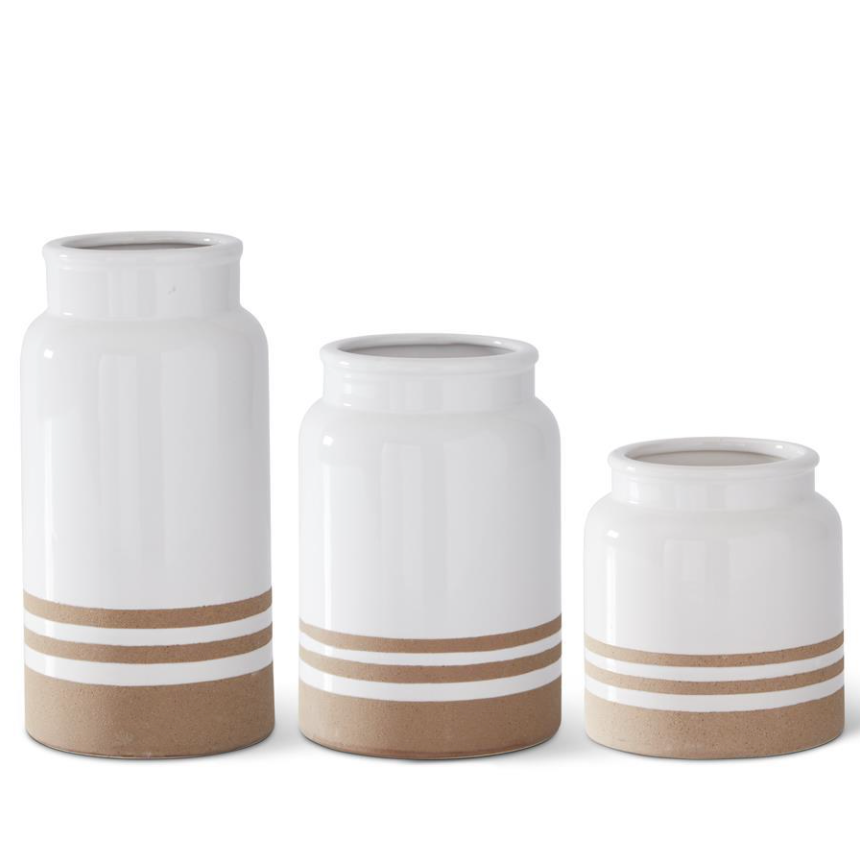 White with Tan Stripes Ceramic Vase