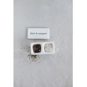 
            
                Load image into Gallery viewer, White Stoneware &amp;quot;Salt &amp;amp; Pepper&amp;quot; Lidded Pinch
            
        
